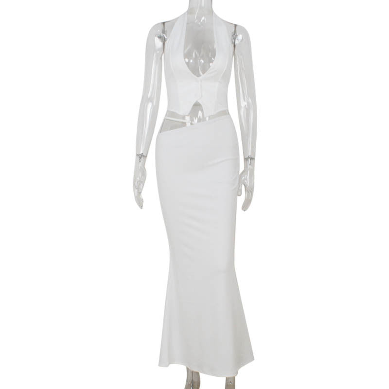 Fashion Halter Backless Vest Top Temperament Slimming Fishtail Skirt Suit - Bellarte Enchanté Fashion Halter Backless Vest Top Temperament Slimming Fishtail Skirt Suit